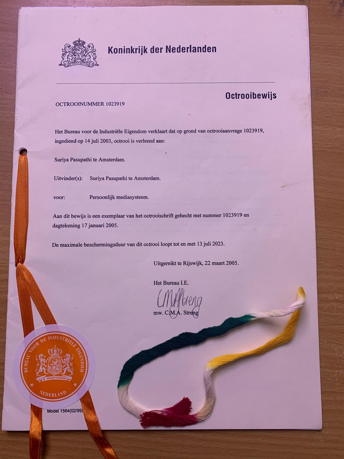 Dutch Patent NL1023919 certificate for S. Pasupathi